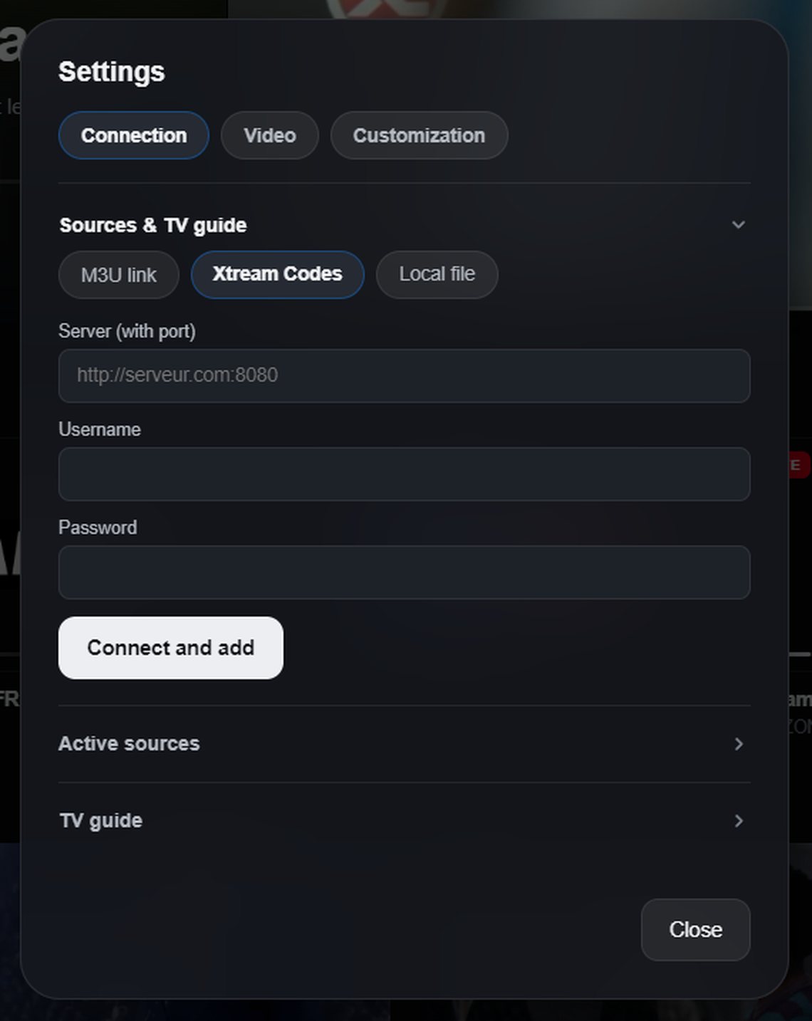 Les réglages de sources de CDS TV.