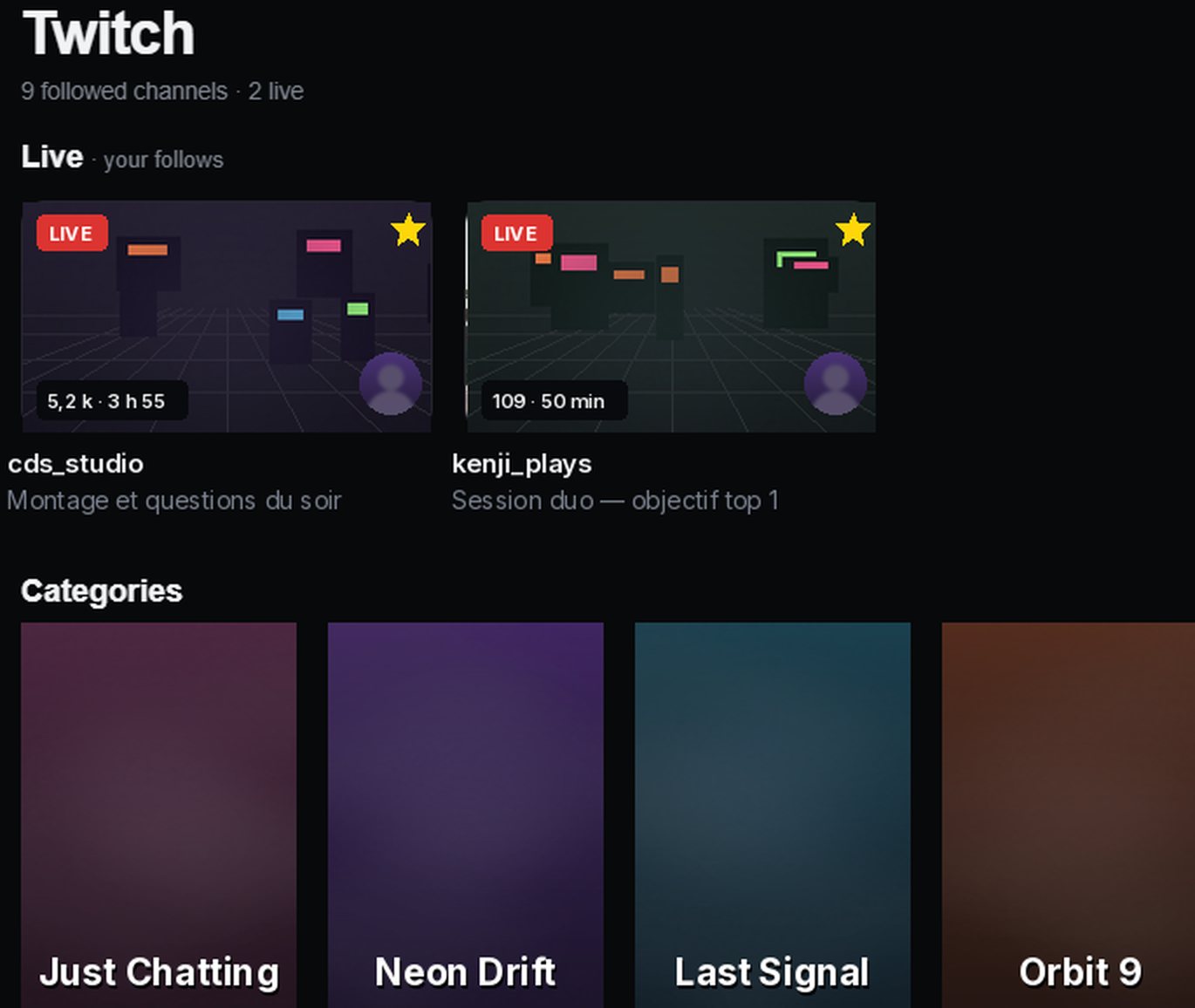 La section Twitch de CDS TV : suivis en direct, spectateurs et catégories.